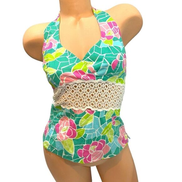 Lilly Pulitzer Floral Mosaic Crochet Cutout White Label Halter Top Eyelet Size 2 - Picture 1 of 7